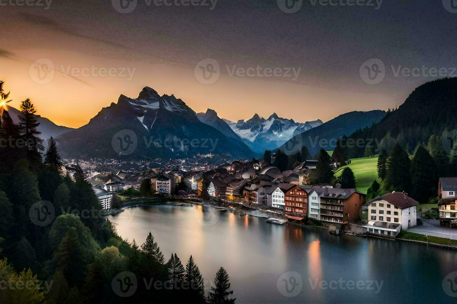 the sun sets over a lake and mountains in switzerland. AI-Generated photo