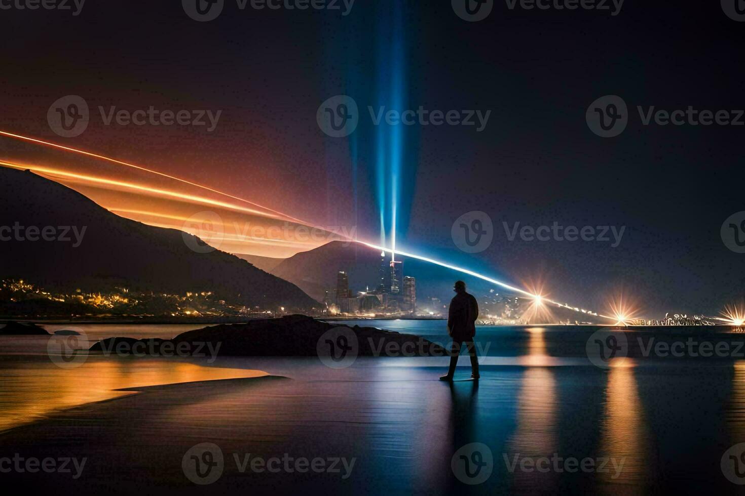 a man standing on the beach at night with a light trail. AI-Generated photo