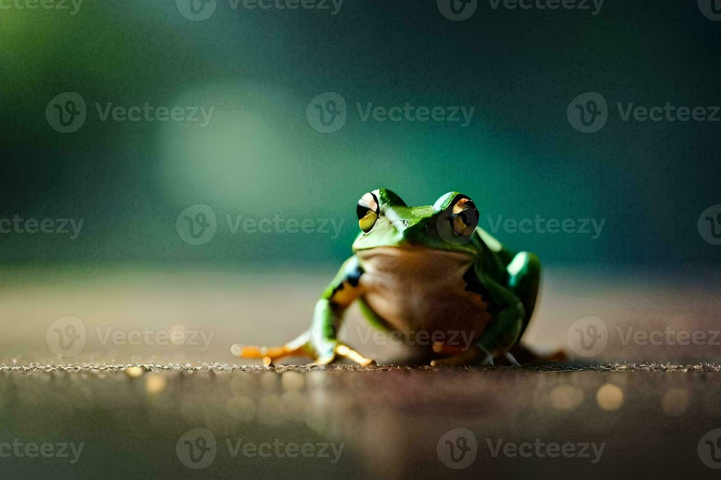 a frog sitting on a wooden floor. AI-Generated photo