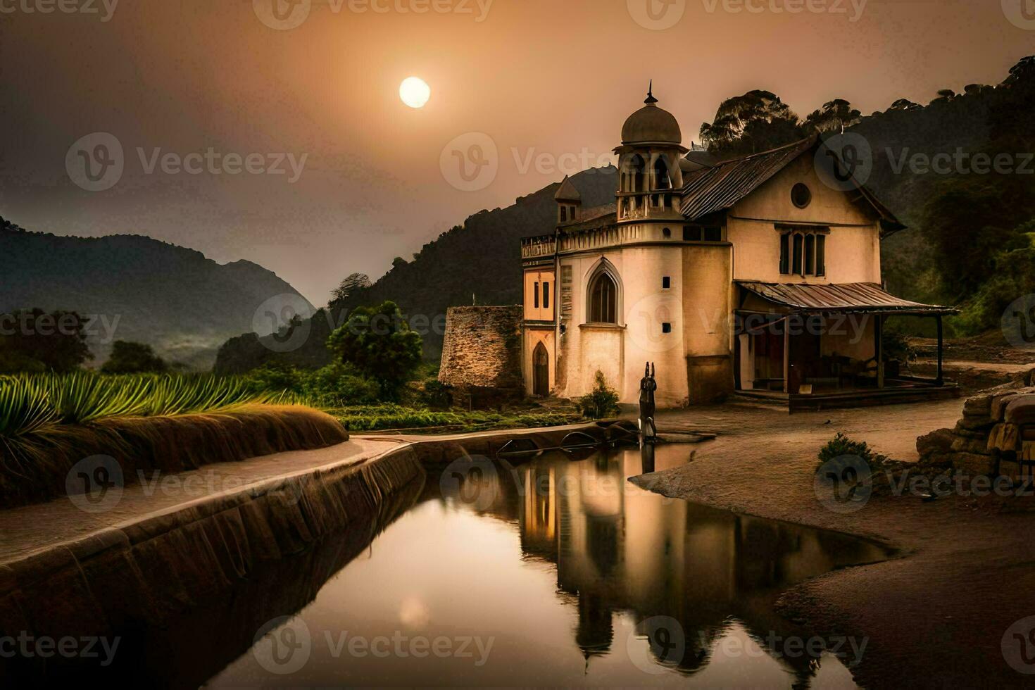 un Iglesia en el montañas a puesta de sol. generado por ai foto