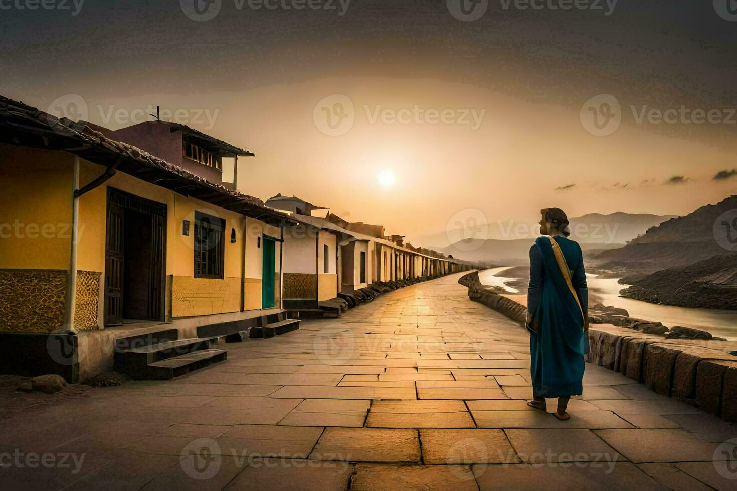 a woman walking down a path in front of a river. AI-Generated photo