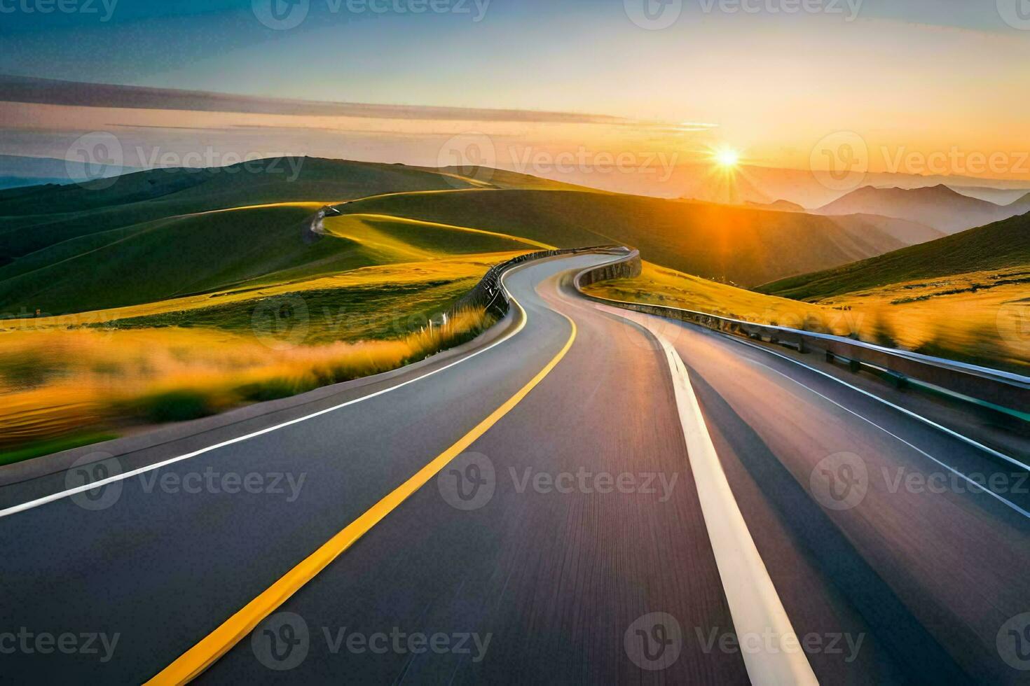 a winding road in the mountains with the sun setting. AI-Generated photo