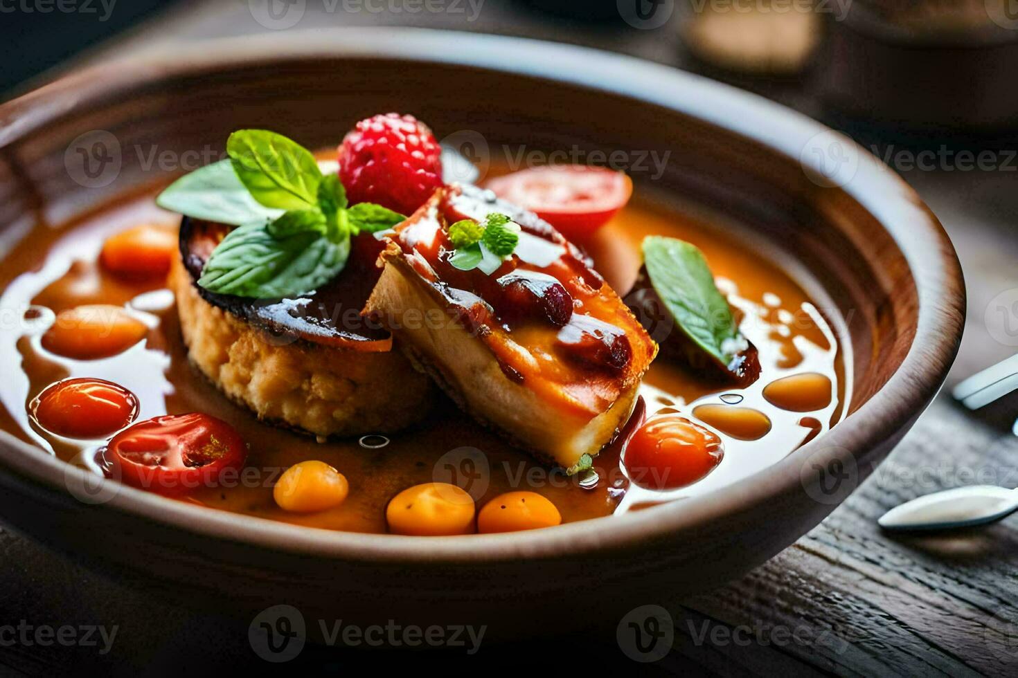 a bowl of soup with vegetables and a spoon. AI-Generated photo
