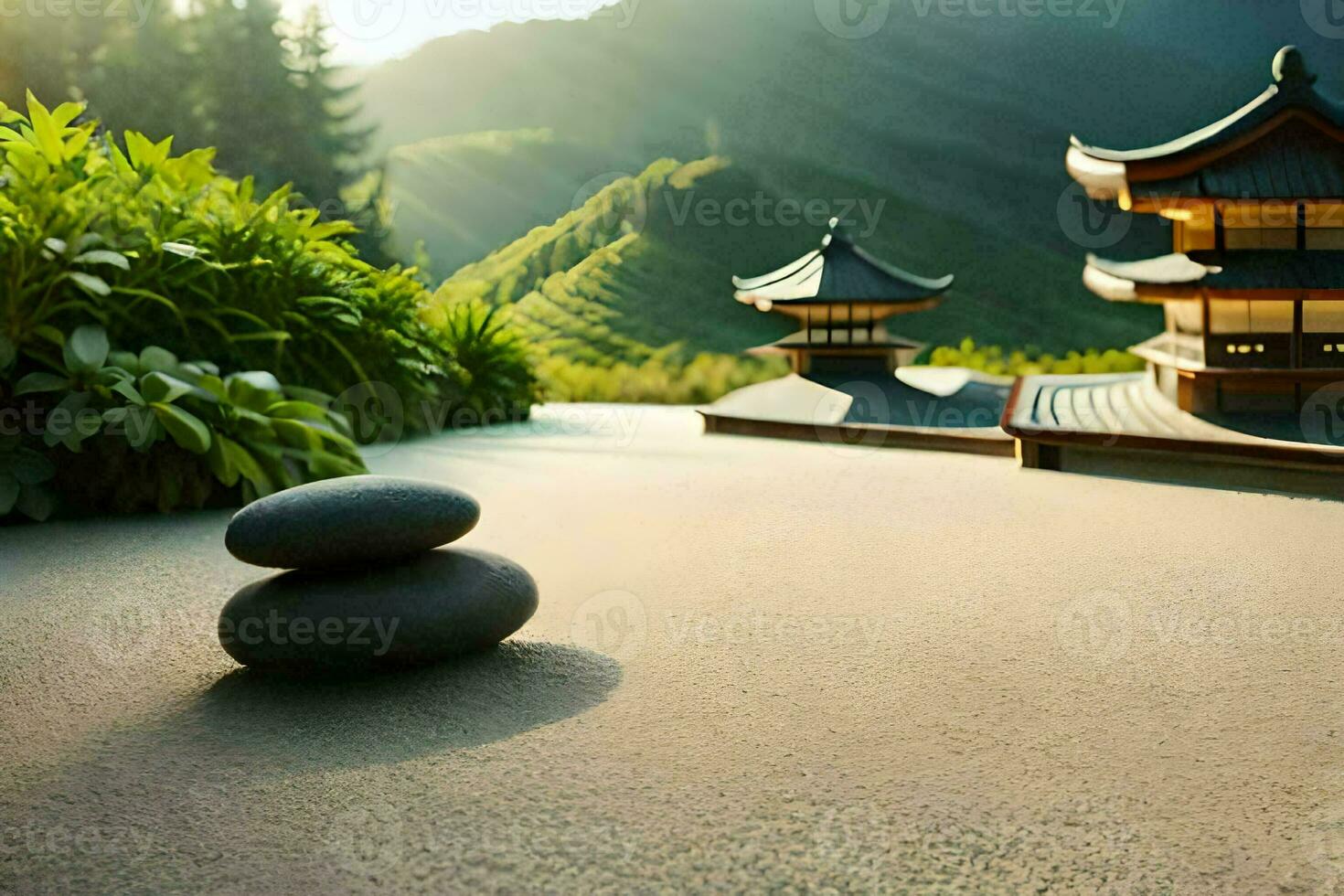 a zen garden with stones and pagoda in the background. AI-Generated photo