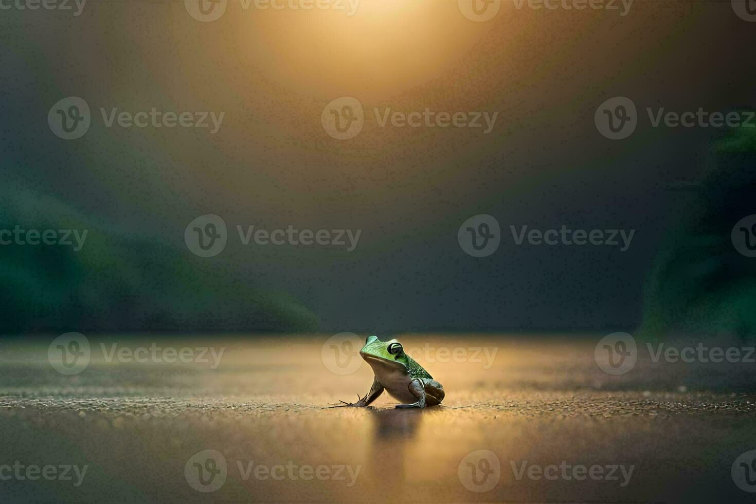 a frog sitting on the ground in front of a bright light. AI-Generated photo