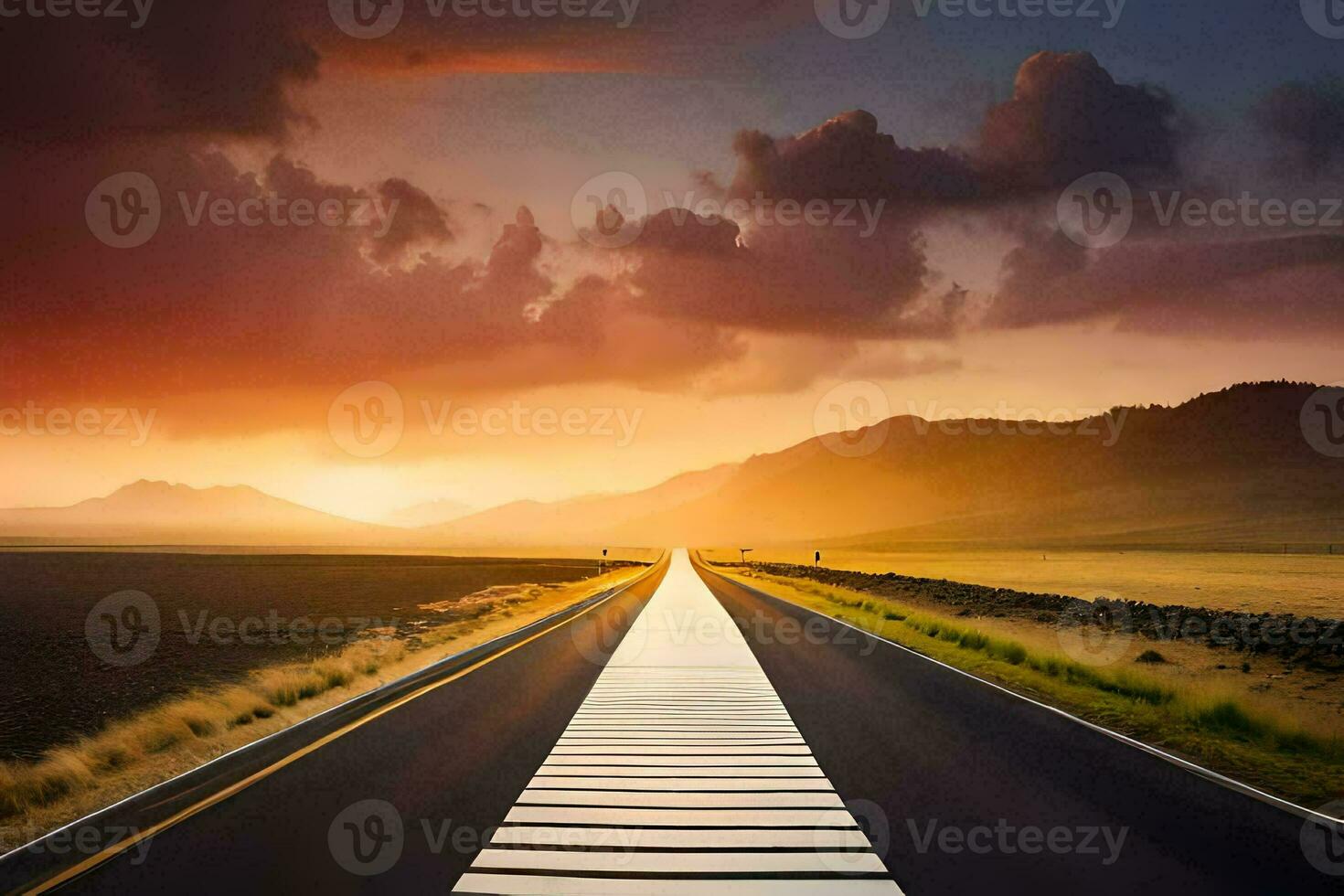 a long road with a crosswalk leading to the sunset. AI-Generated photo