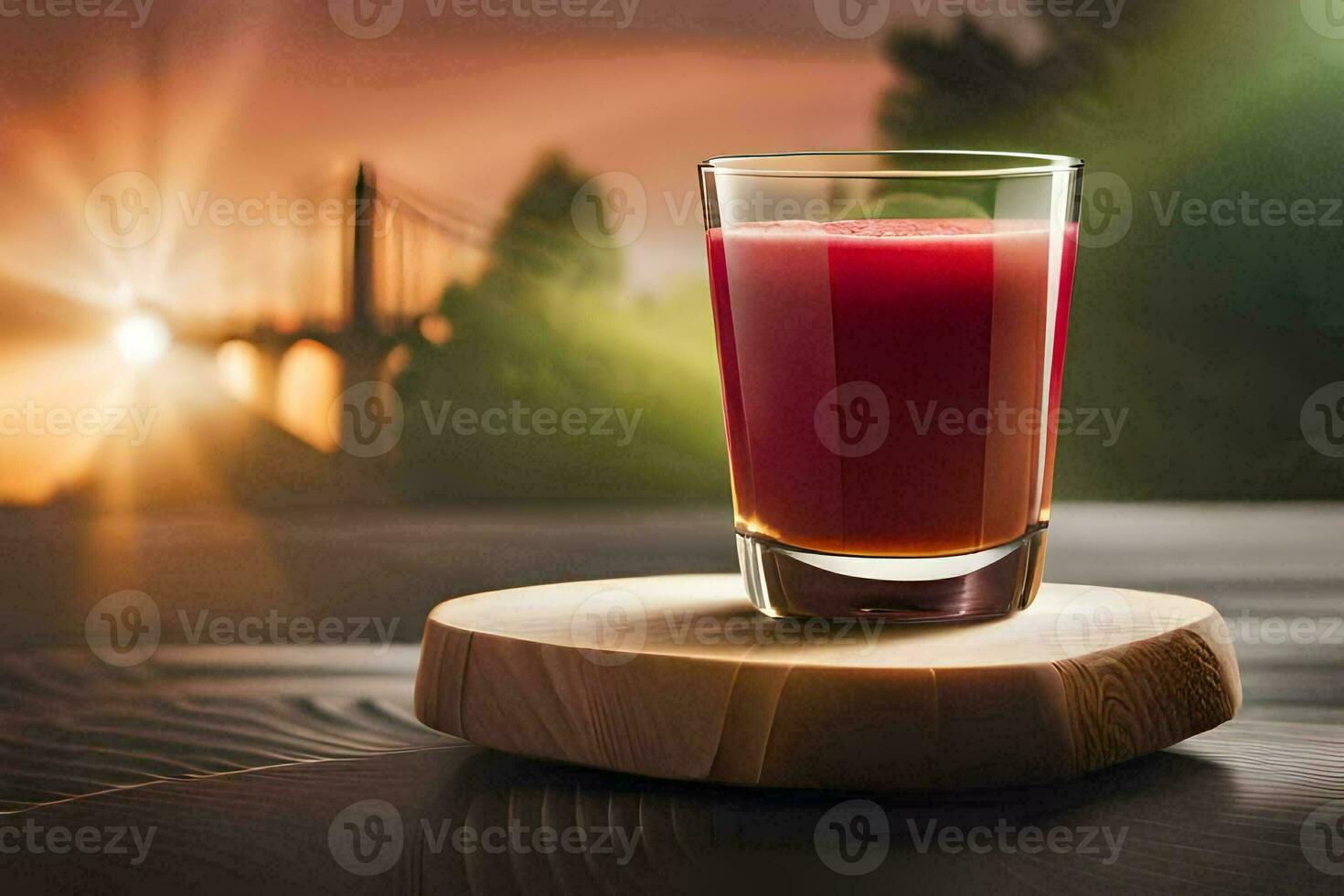 a glass of juice on a wooden stand. AI-Generated photo