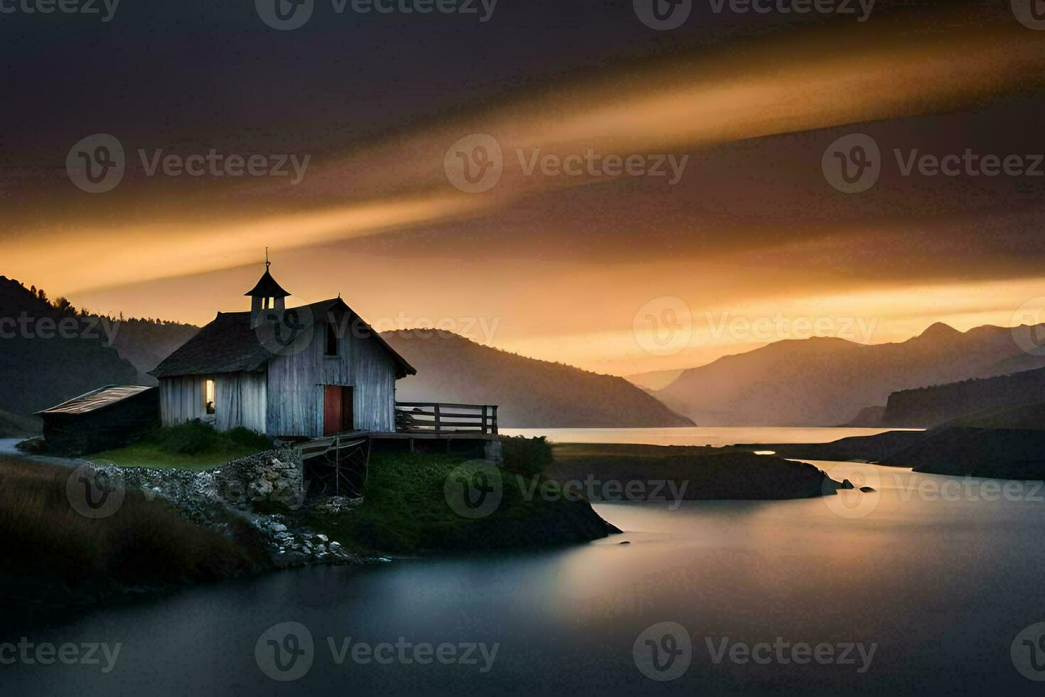a small church sits on the shore of a lake at sunset. AI-Generated photo
