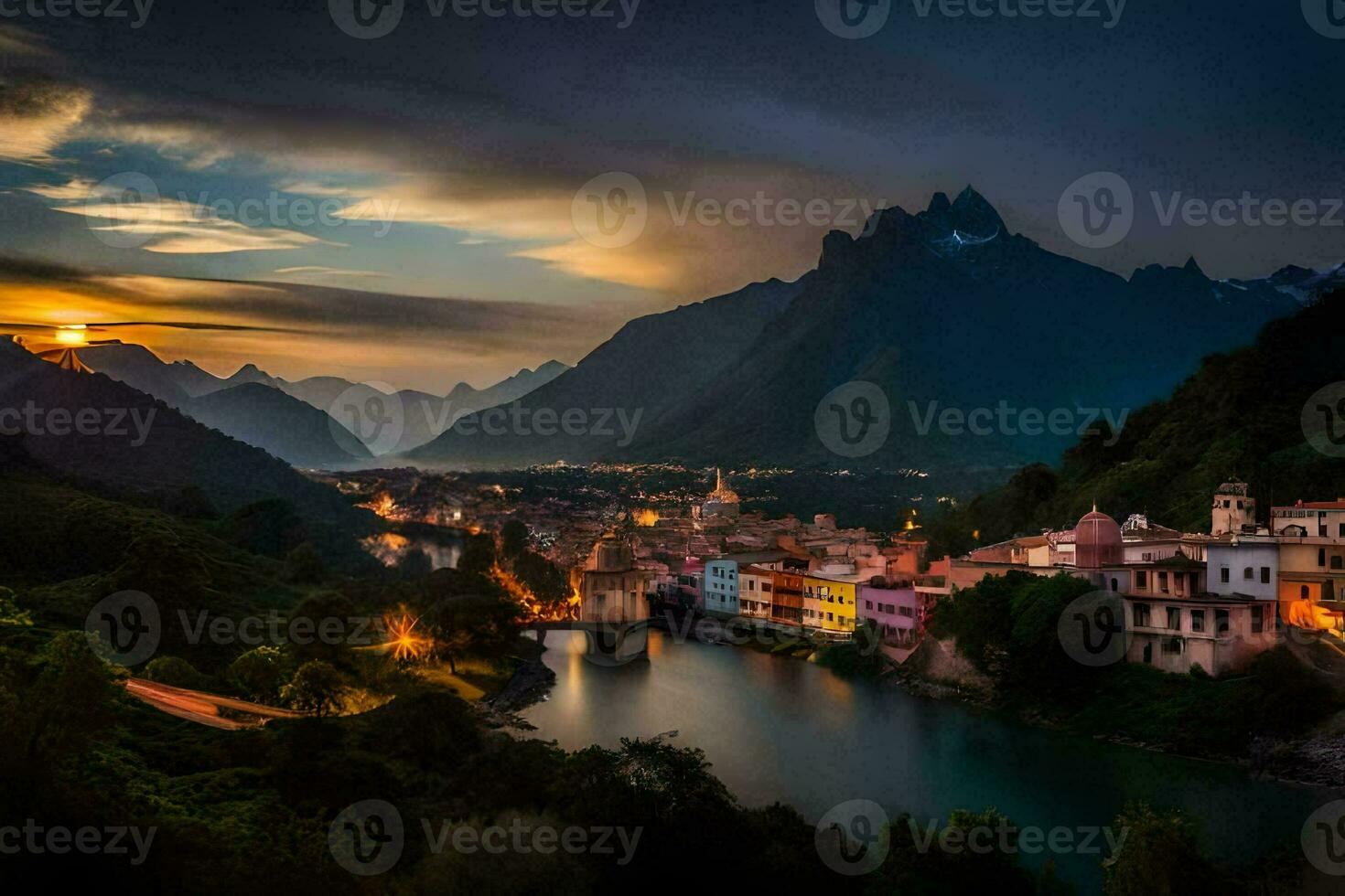 photo wallpaper the sky, mountains, river, sunset, the city, the river, the city. AI-Generated