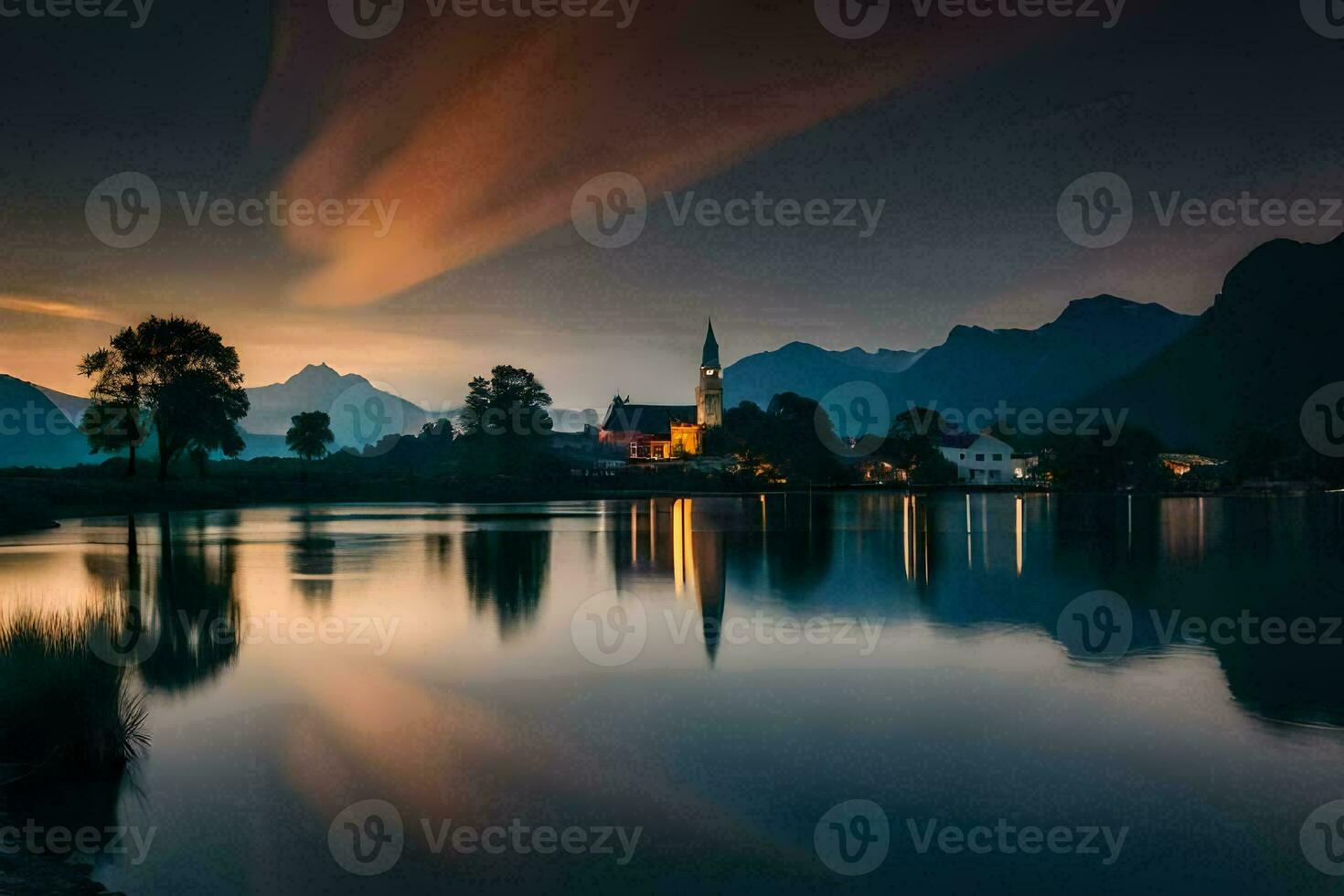 un Iglesia en el montañas a puesta de sol. generado por ai foto