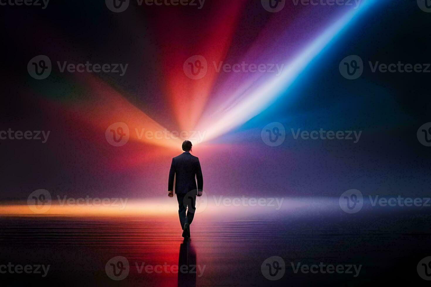 a man walking in front of a colorful light. AI-Generated photo