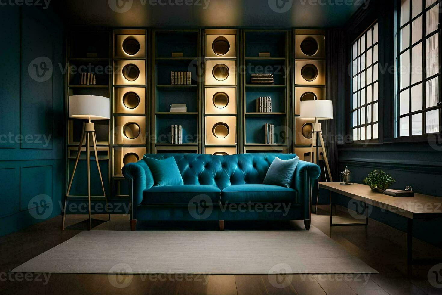 a blue velvet sofa in a room with bookshelves. AI-Generated photo