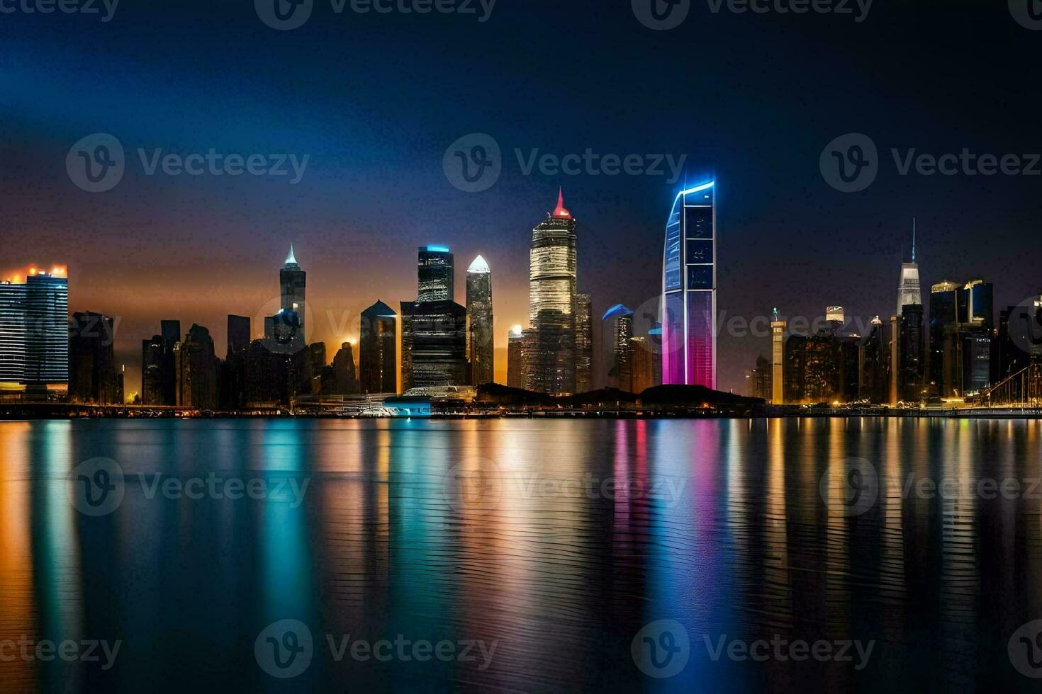the city skyline at night with lights reflecting in the water. AI-Generated photo