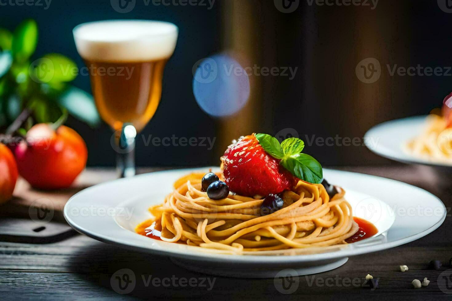 spaghetti with tomato sauce and strawberries on a plate. AI-Generated photo