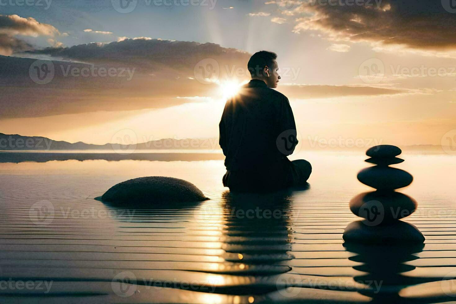 a man meditating in the water with stones. AI-Generated photo