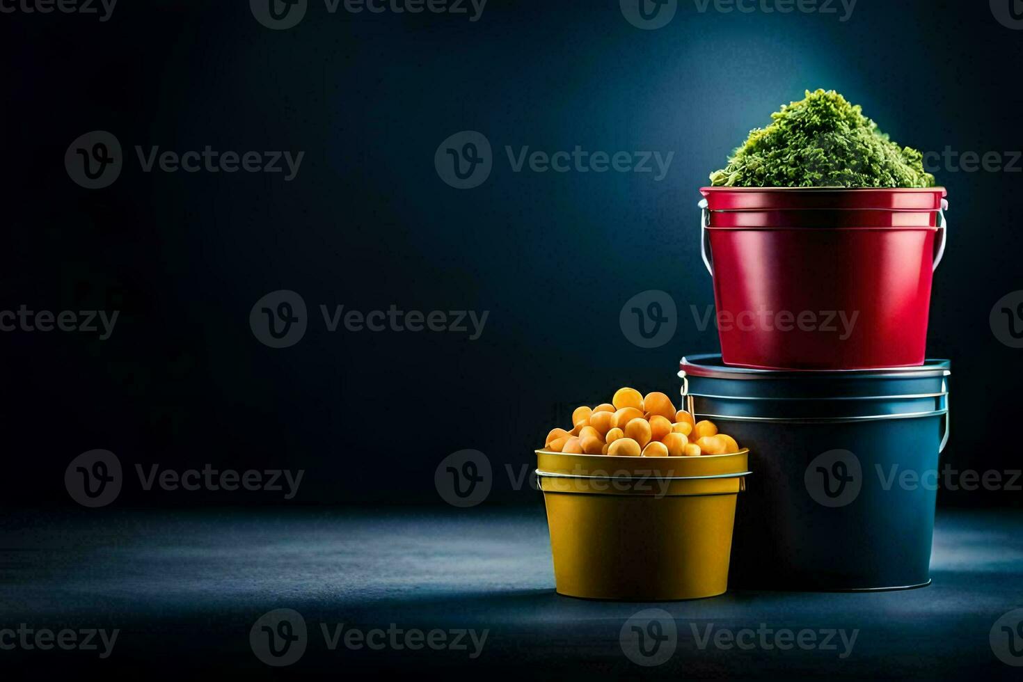 three buckets with food in them on a dark background. AI-Generated photo