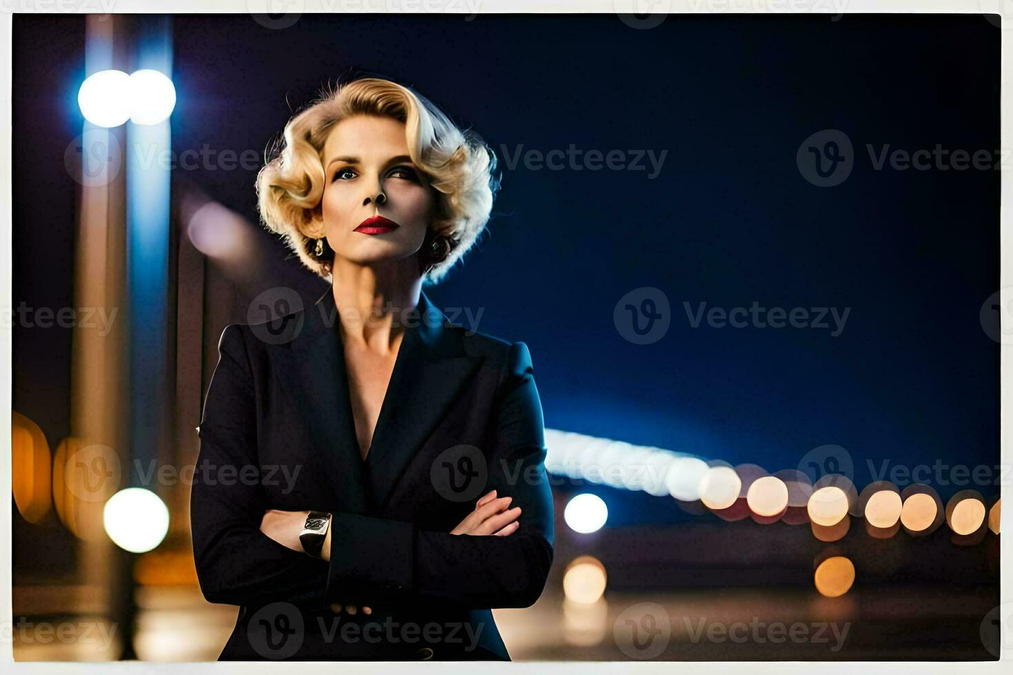 a woman in a suit and watch standing in front of a city at night. AI-Generated photo