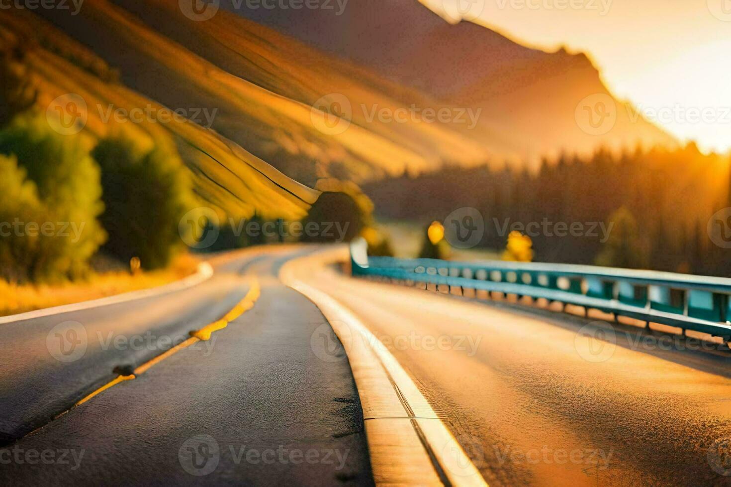 a highway with the sun setting behind it. AI-Generated photo