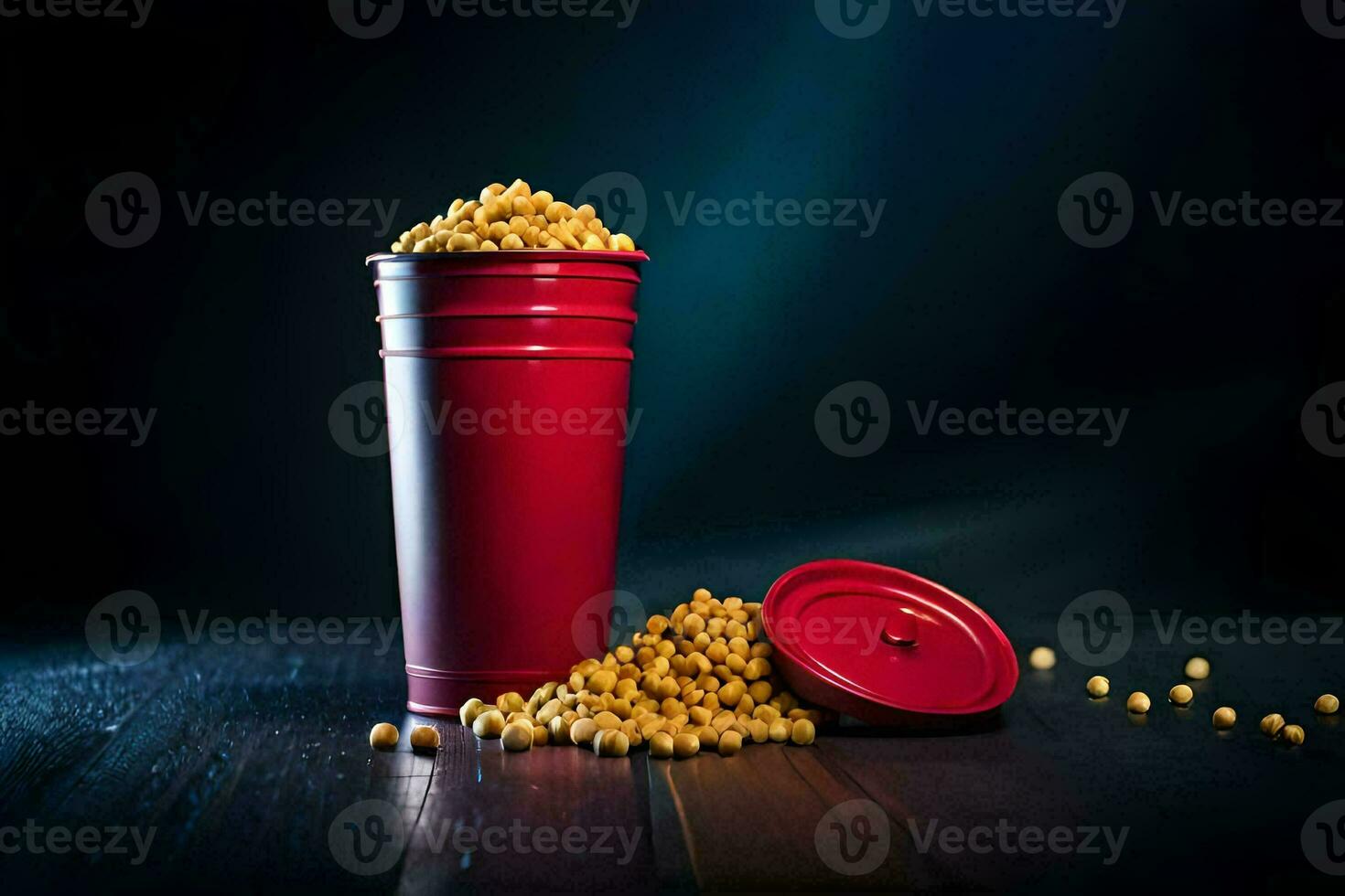 a red cup filled with yellow beans and a spoon. AI-Generated photo