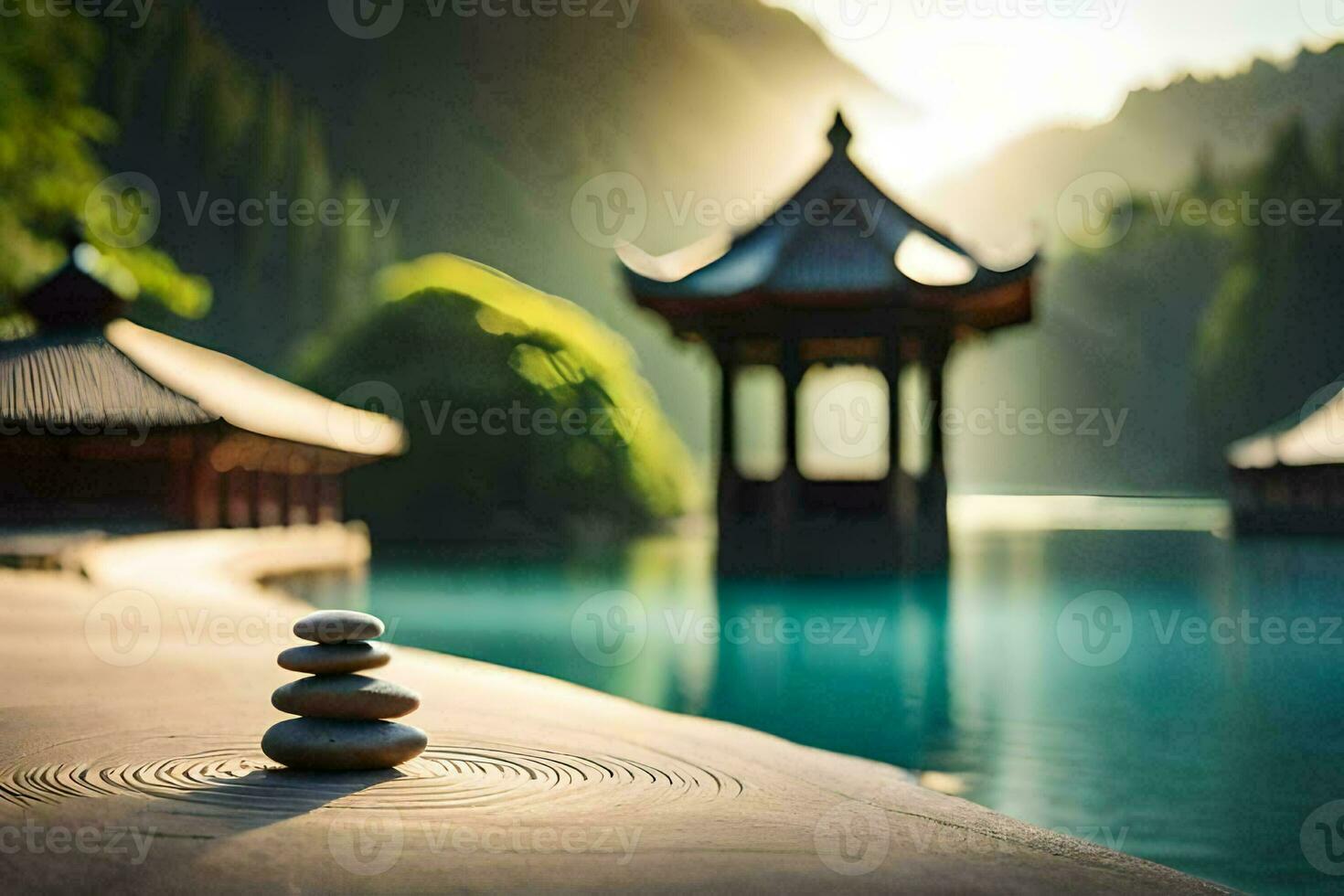 stone stack on the edge of a lake with a pagoda in the background. AI-Generated photo