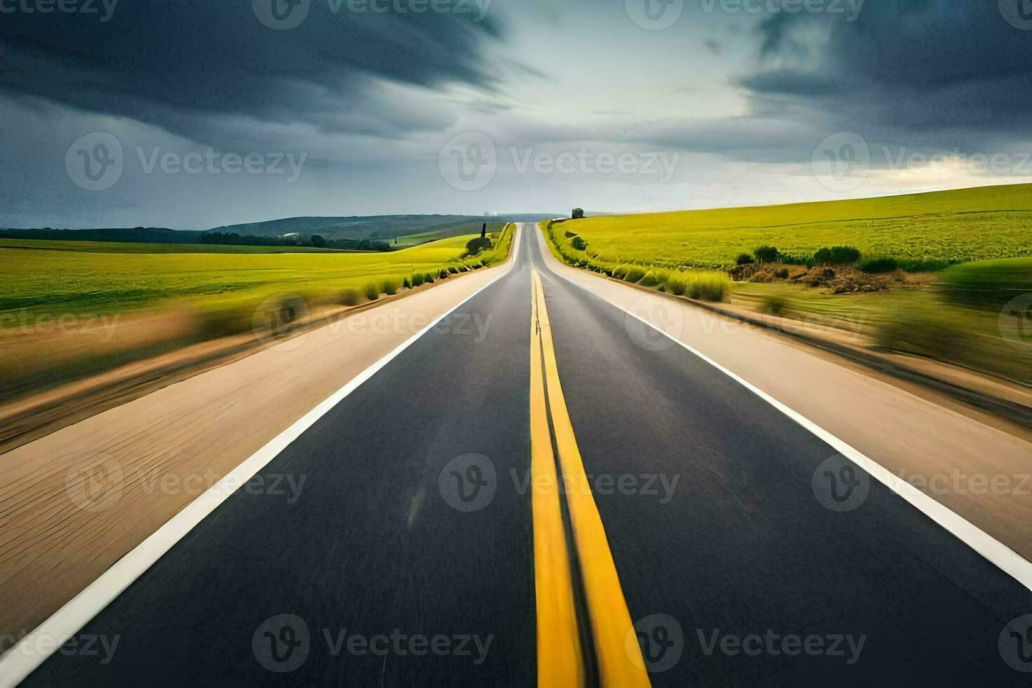 un largo vacío la carretera con un Tormentoso cielo. generado por ai foto