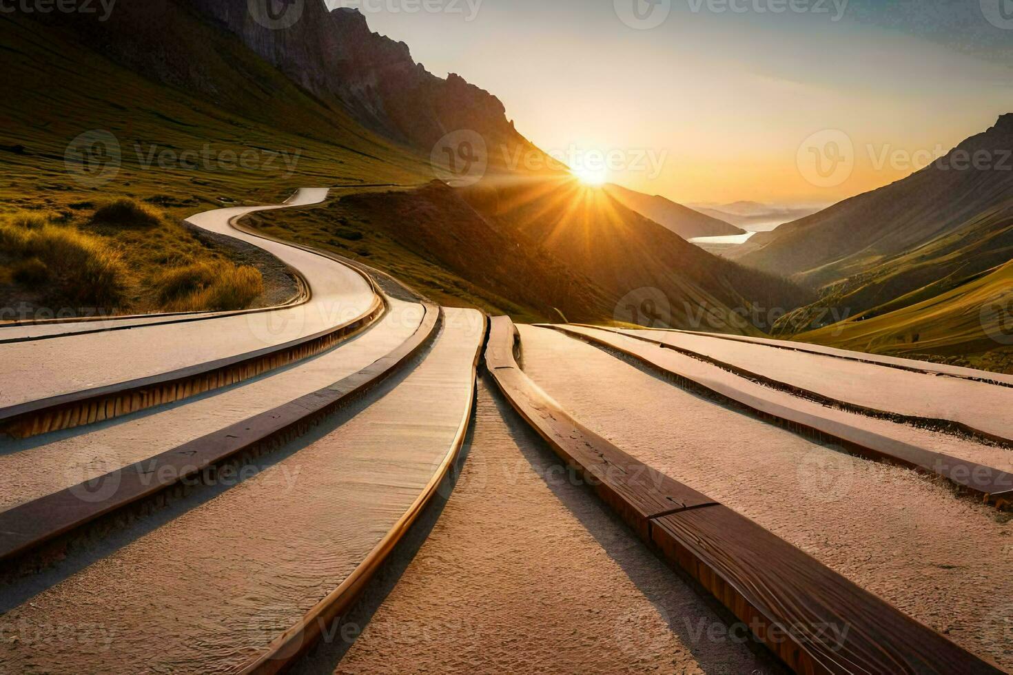 the sun sets over a winding road in the mountains. AI-Generated photo