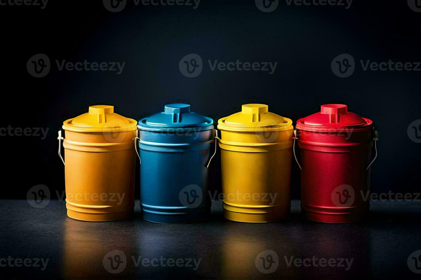 four colorful metal cans on a black background. AI-Generated photo