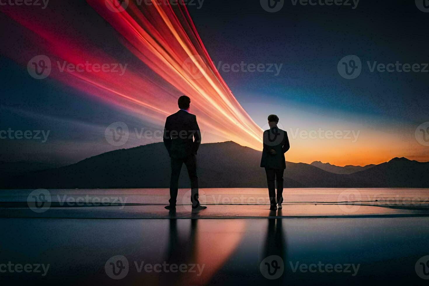 two people standing on the beach with a long streak of light. AI-Generated photo