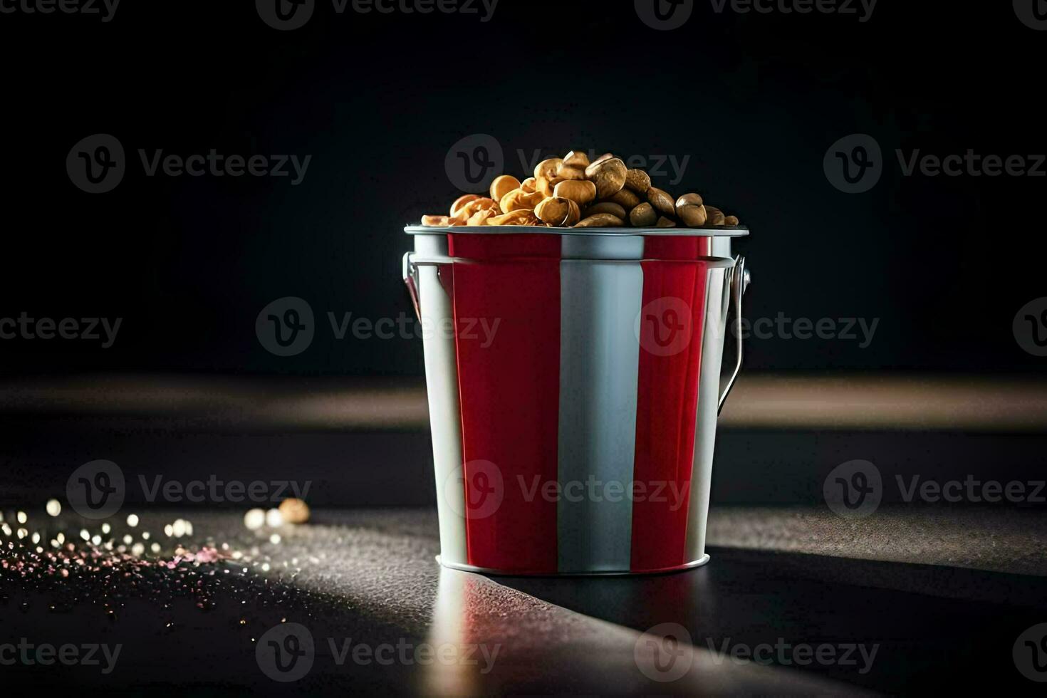 a bucket filled with popcorn on a dark background. AI-Generated photo