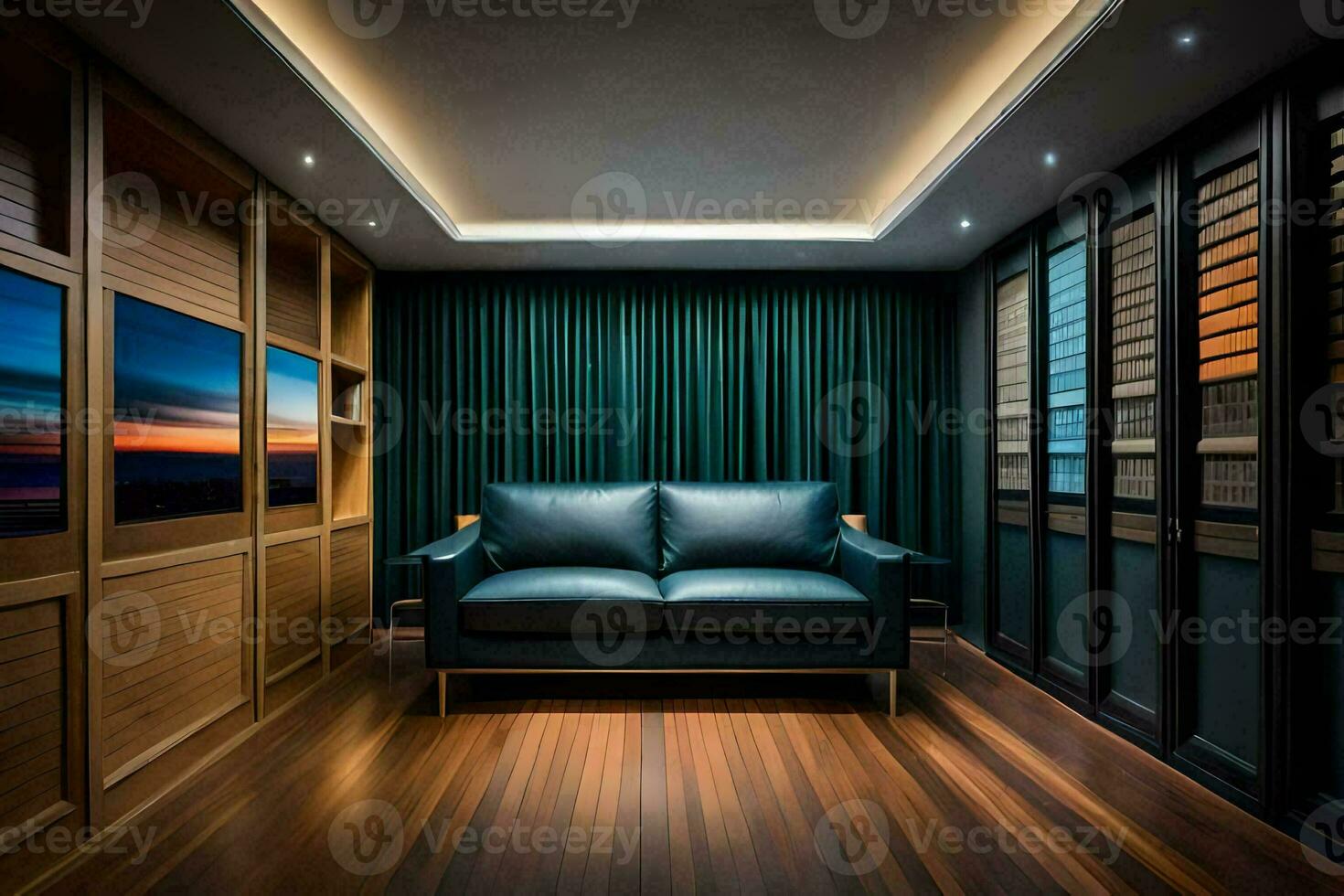 el vivo habitación tiene un cuero sofá y de madera pisos generado por ai foto