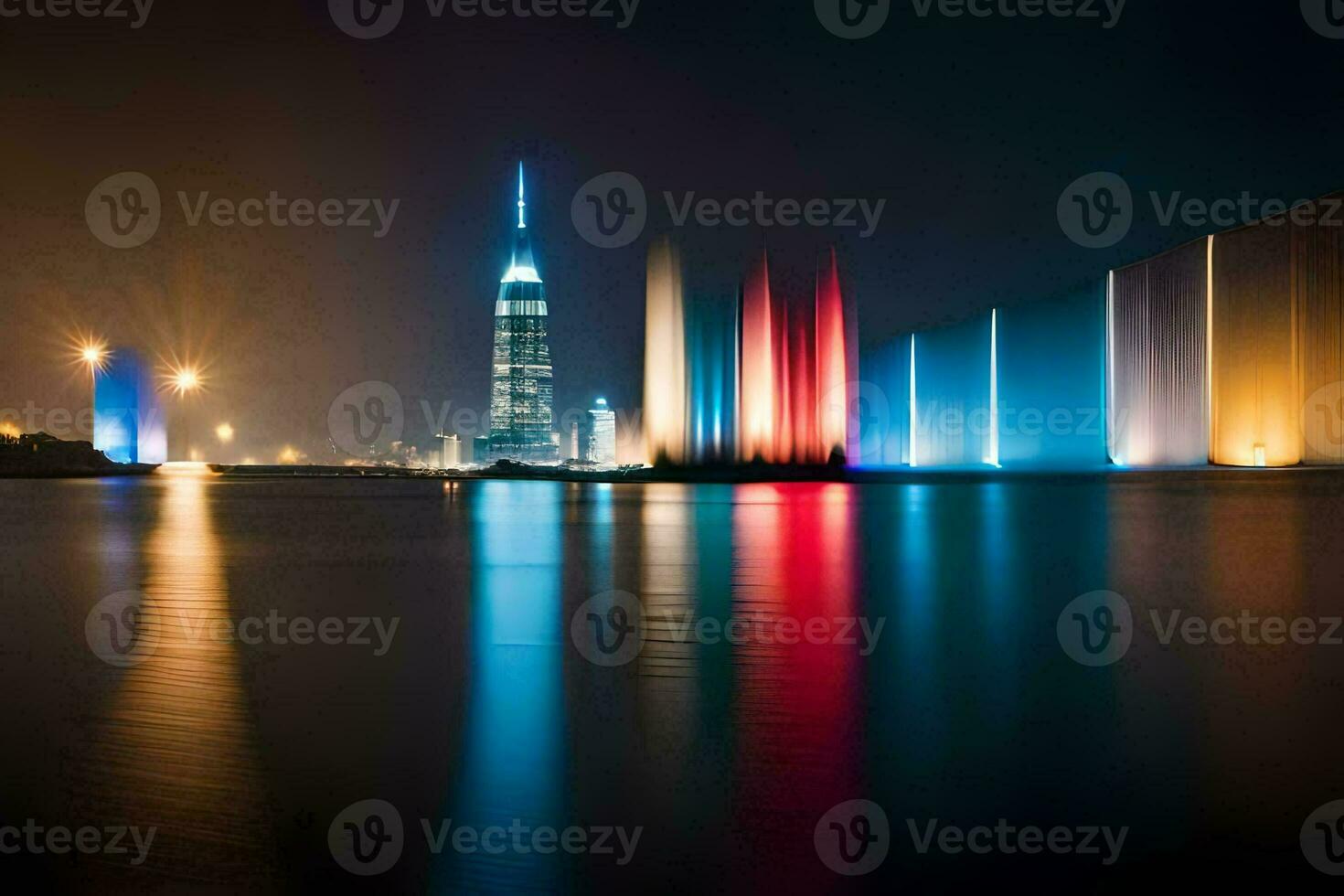 the city skyline is lit up at night with colorful lights. AI-Generated photo