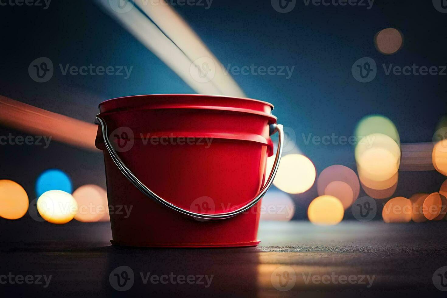 a red bucket on a dark background with blurred lights. AI-Generated photo
