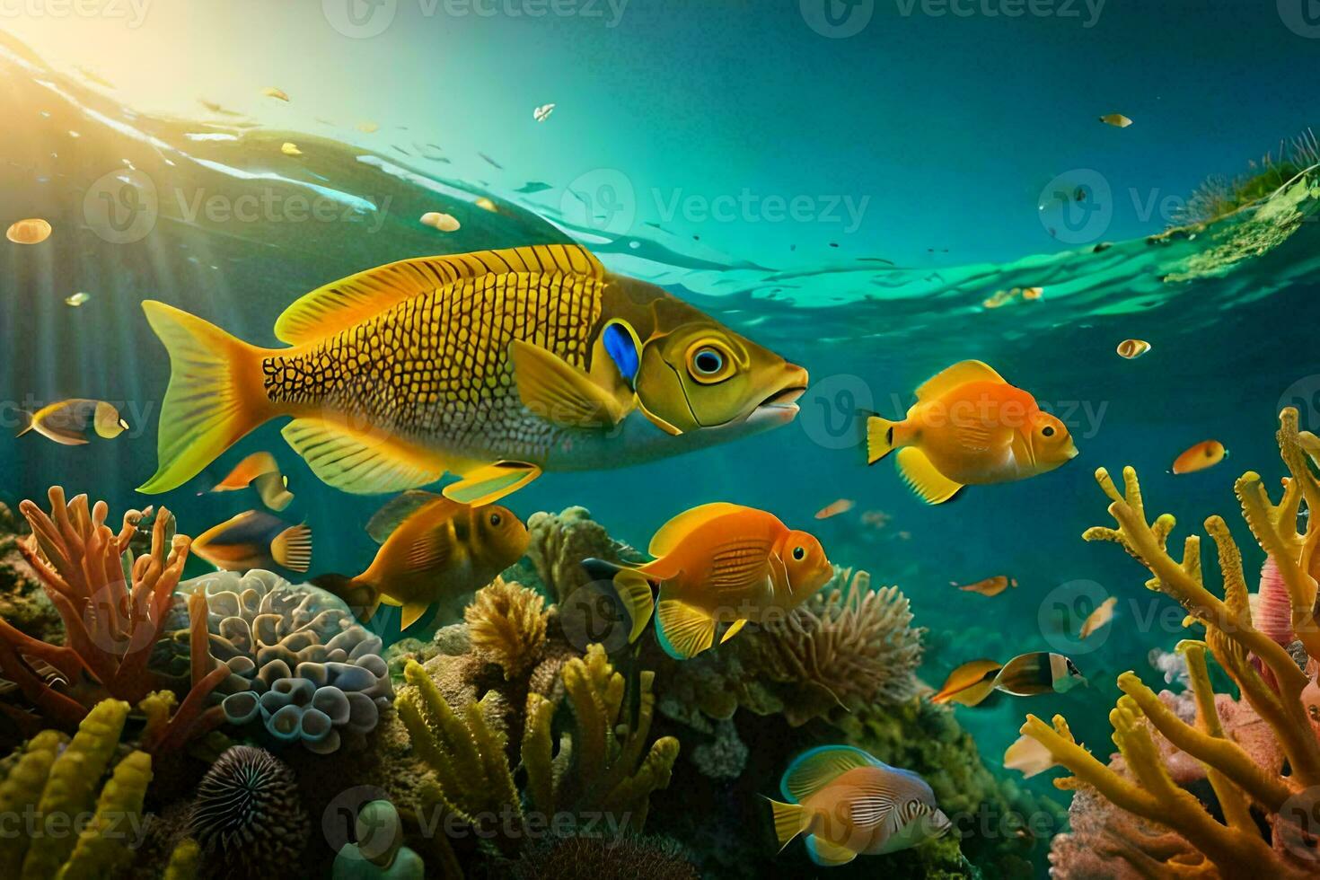 fish swimming in the ocean with coral reefs. AI-Generated photo