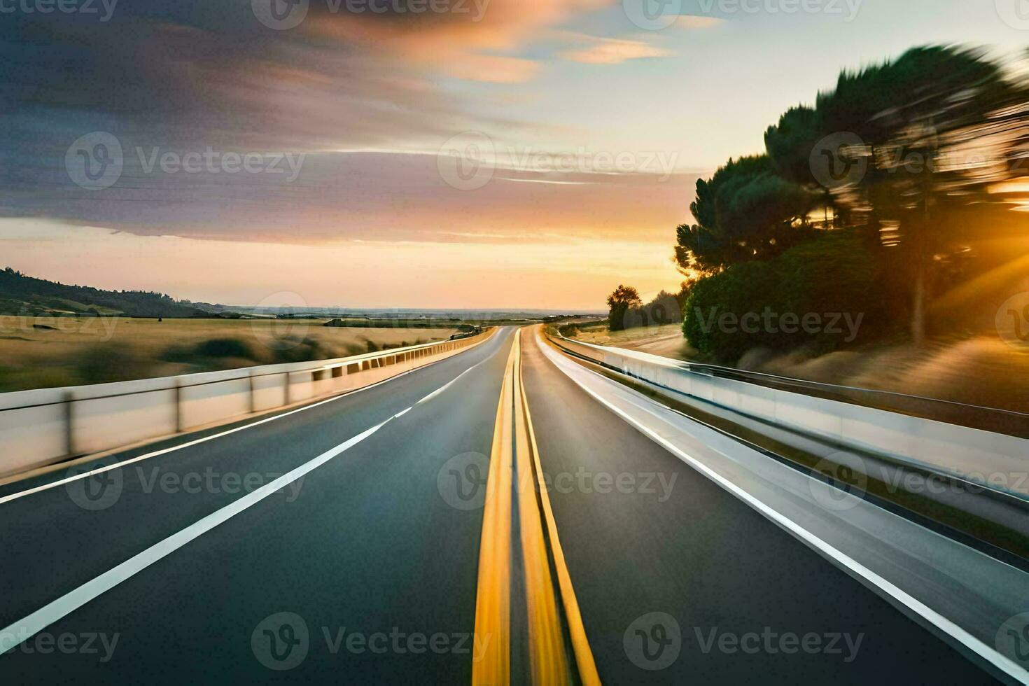 un autopista con un coche conducción en él. generado por ai foto