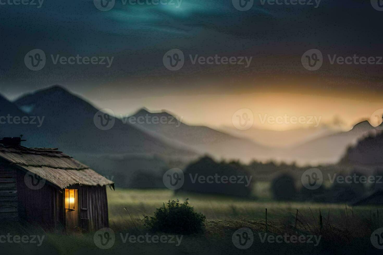 a small cabin in the middle of a field with mountains in the background. AI-Generated photo
