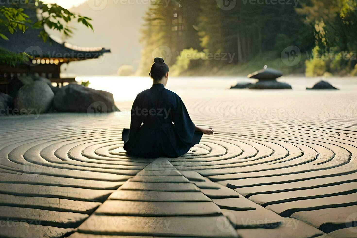 un mujer meditando en un zen jardín. generado por ai foto