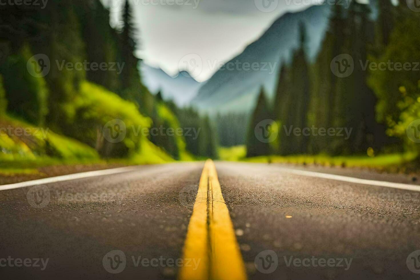 a road with a yellow line in the middle of it. AI-Generated photo
