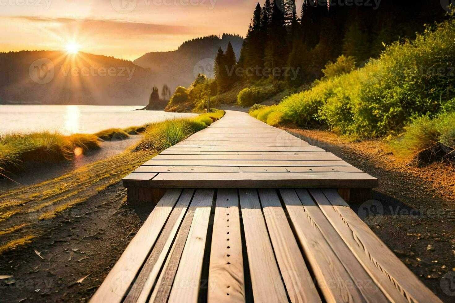 a wooden boardwalk leads to the sun. AI-Generated photo