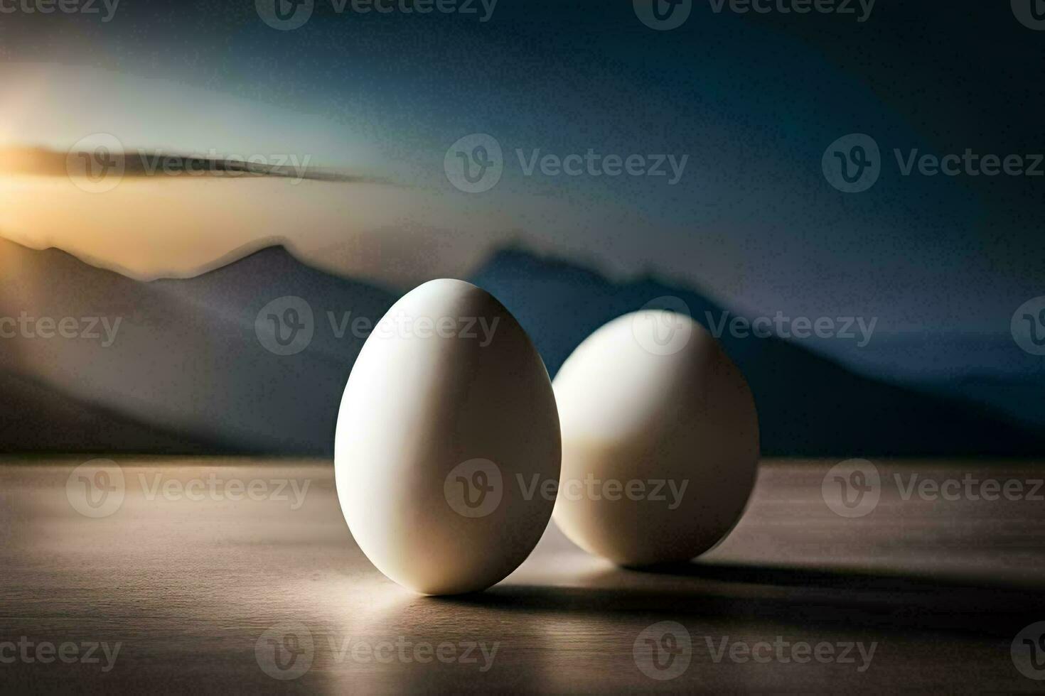 two eggs are sitting on a table with mountains in the background. AI-Generated photo