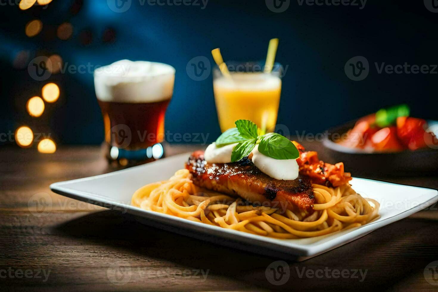 a plate of spaghetti with meat and sauce on a wooden table. AI-Generated photo