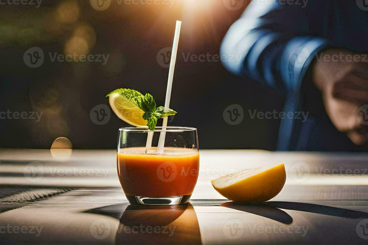 a glass of juice with a slice of lemon. AI-Generated photo