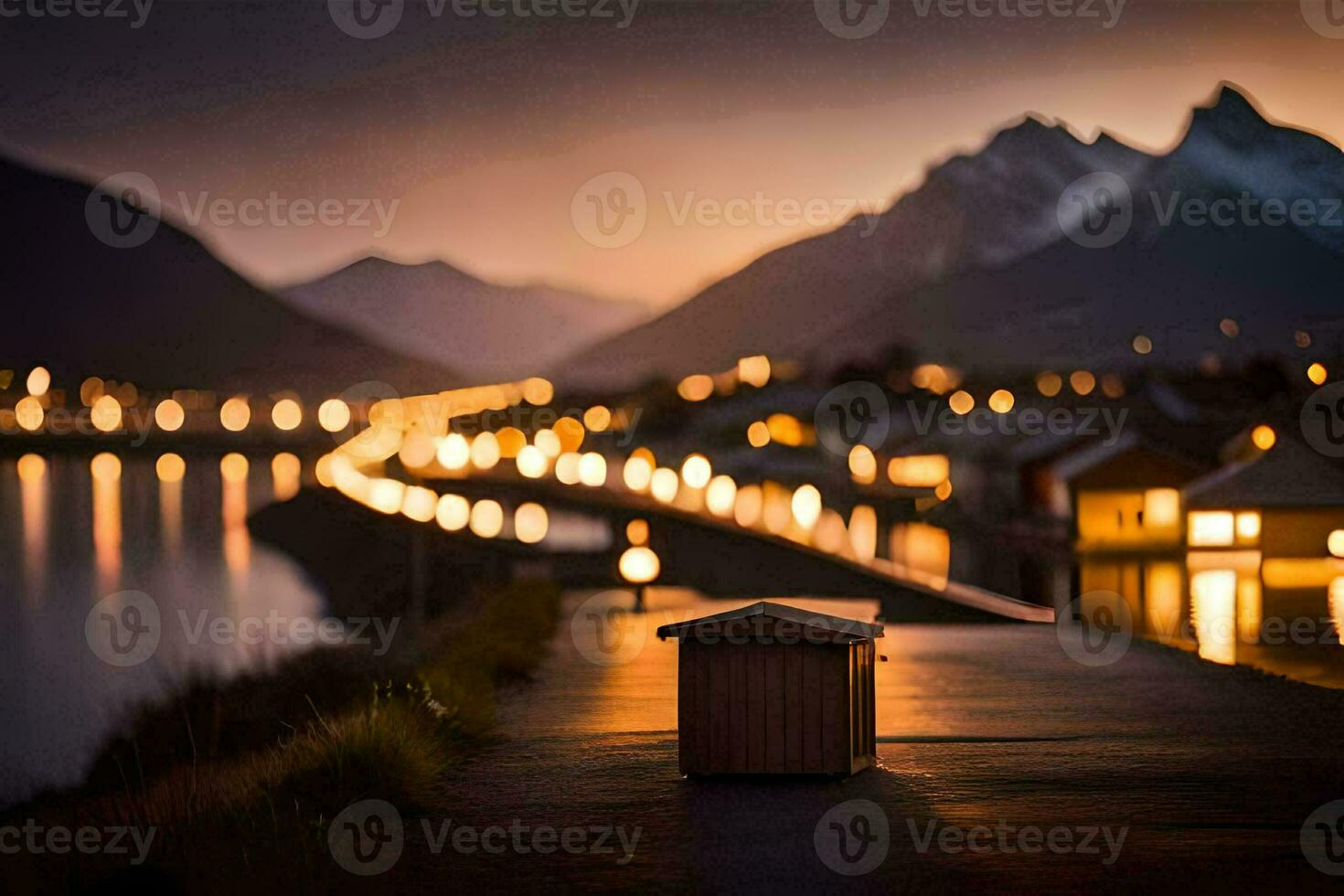 a boat sits on the side of a road with lights shining on it. AI-Generated photo