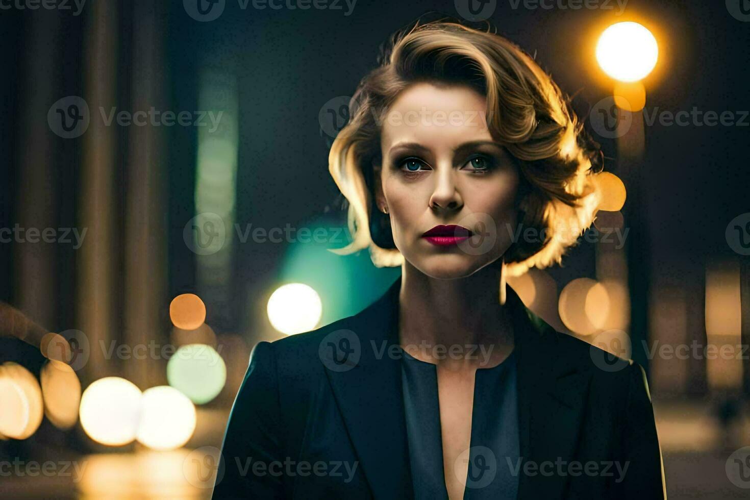 a woman in a black suit and red lipstick. AI-Generated photo