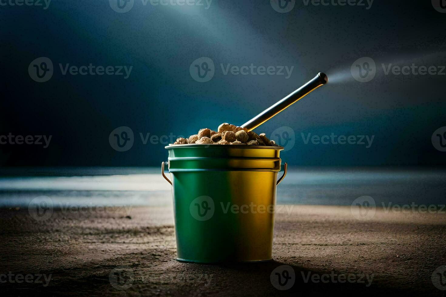 a bucket filled with peanuts on the beach. AI-Generated photo