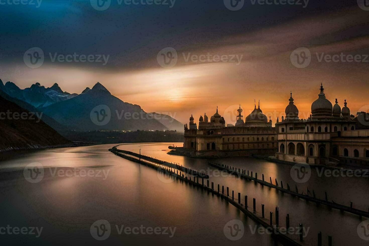 el Dom conjuntos terminado un lago y un edificio. generado por ai foto