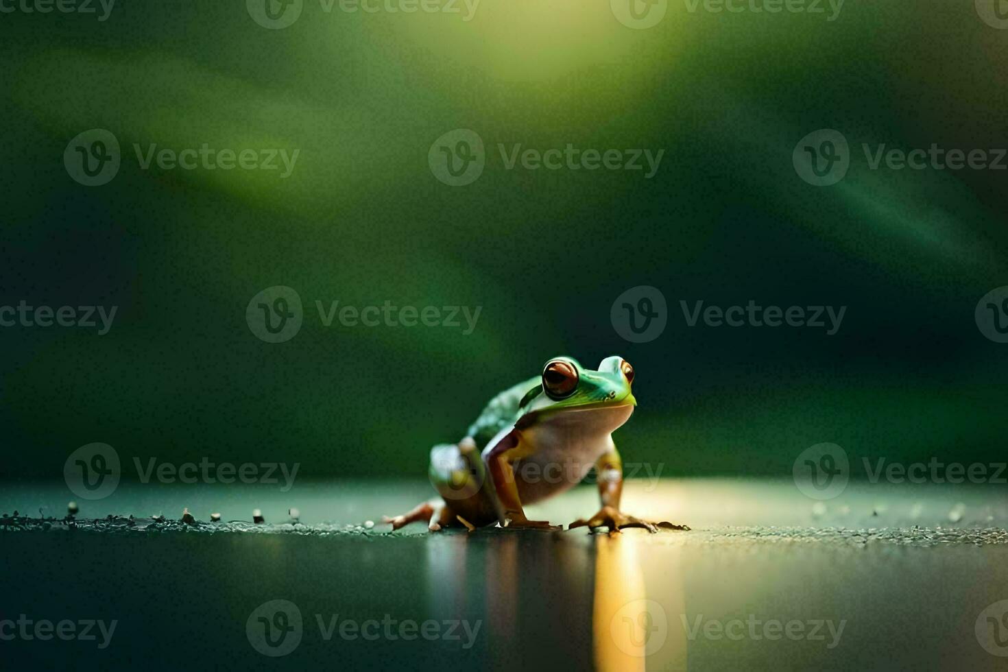 a frog sitting on the ground in front of a green background. AI-Generated photo