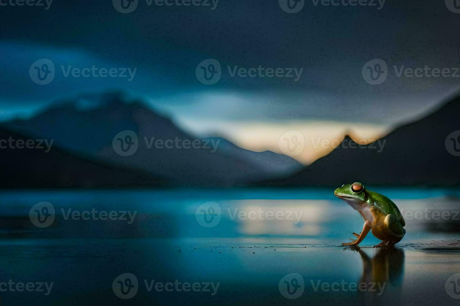 a frog sitting on the edge of a lake in front of mountains. AI-Generated photo