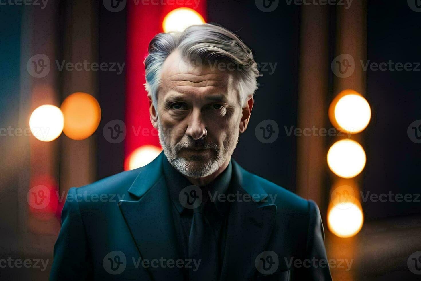 a man in a suit and tie standing in front of lights. AI-Generated photo