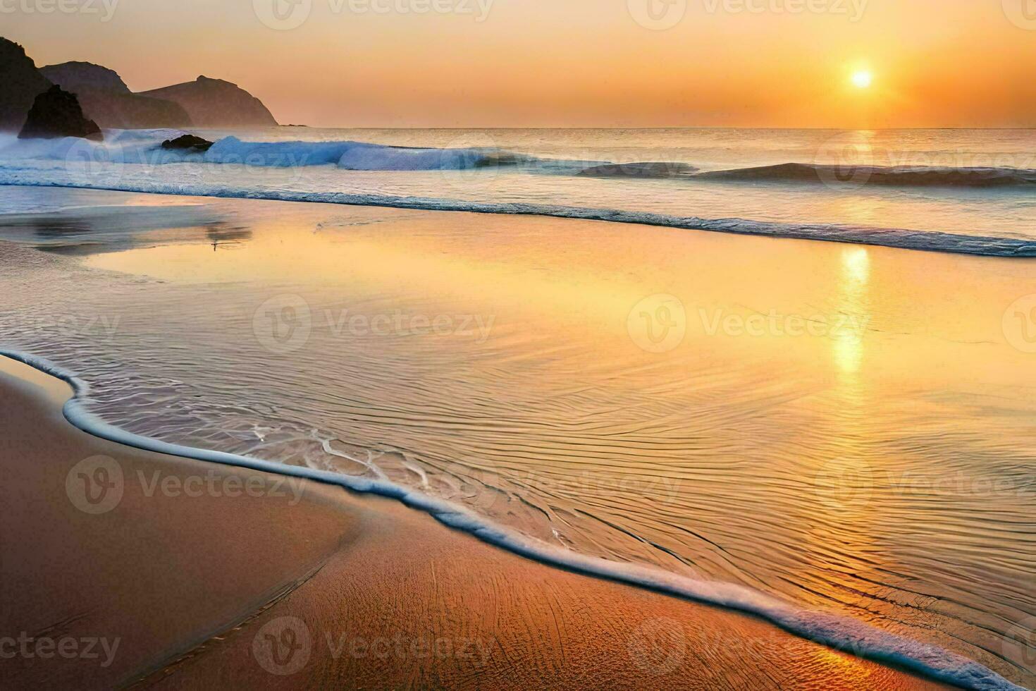 the sun rises over the ocean and waves on a beach. AI-Generated photo