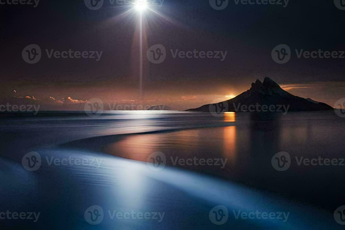 the sun shines over a mountain and a beach. AI-Generated photo